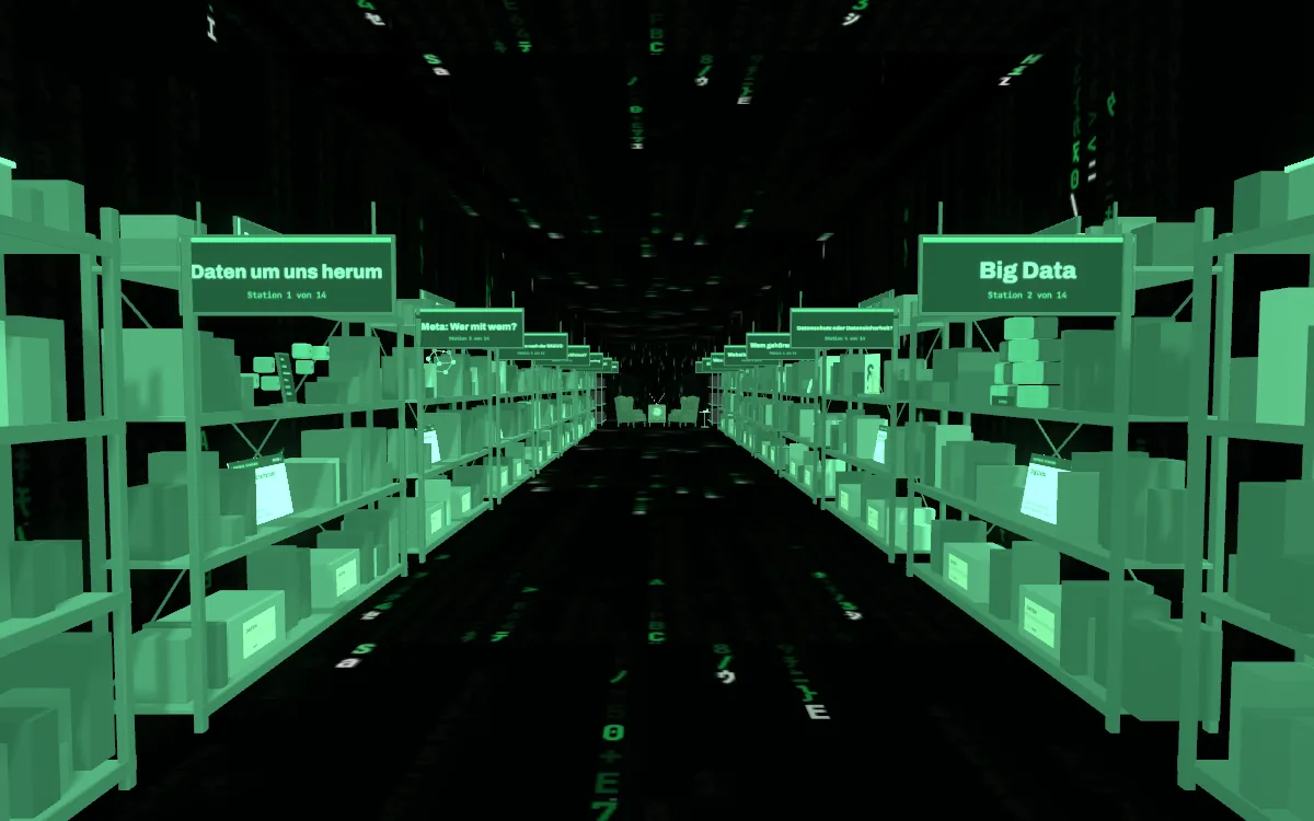 Der Gang der Lernstraße Datenspuren im 3D-Raum, grüner Code an Wänden und Boden